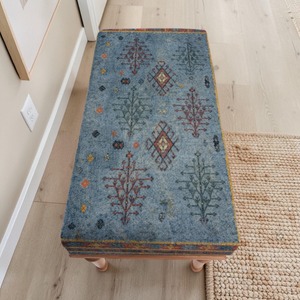 Bohemian Square Wooden <b>Pouf</b> With Abstract Geometric Pattern Upholstery For Bedroom Decor - Product Image 6