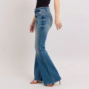 Jeans de Mezclilla Azul de Cintura Alta para Mujer, con Logotipo Personalizado, a la Moda, Corte Recto, Suaves, Elásticos, Estilo Casual Vintage - Product Image 3