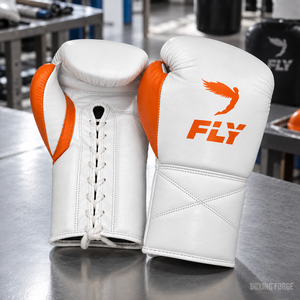Fly White Leather Boxing Gloves <b>Lace</b>-up Training Gloves for Adults Breathable Design Orange Logo - Product Image 1