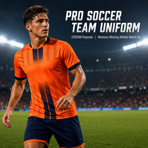 Ensemble d'uniformes de football personnalisés en polyester sublimé 220 GSM pour hommes, orange et bleu marine, respirant, vente en gros - Product Image 2