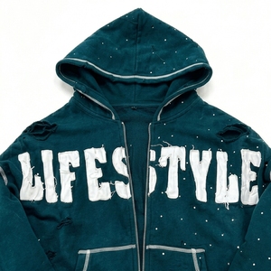 Survêtement homme streetwear coupe ample, effet vieilli, avec broderie et appliques, délavage acide, fermeture éclair, strass, en tissu premium - Product Image 3