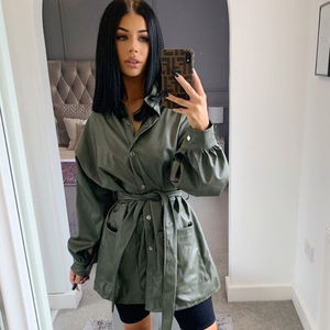 Women's Olive Green Sheep Skin Quick Dry Jacket with Belted Waist Wrap Style Full Sleeve Turn Down Collar Winter Wear - Product Image 5