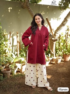Maroon <b>Kurti</b> With Heart Printed Palazzo Pants Loose Fit Ankle-Length Casual <b>Indian</b> Pakistani Wear All Seasons - Product Image 2