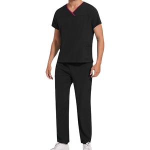 Men Scrubs Set, Stretch V-Neck Scrub <b>Top</b> & Straight Leg Pants, Short Sleeve Nurse Medical Uniform Workwear - Product Image 1