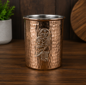 Mug en cuivre avec finition martelée, motif hibou, style vintage, vaisselle artisanale écologique pour la maison, design martelé en relief - Product Image 5
