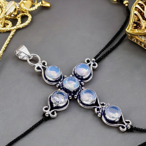 Colgante de Cruz de opalita lechosa brillante hecho a mano, joyería religiosa espiritual de plata Vintage, piedras preciosas antiguas para hombres y mujeres - Product Image 5