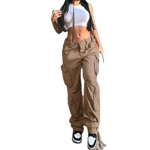 Women's High Waist Cargo Pants Solid Color Loose Fit Canvas Streetwear <b>Trousers</b> <b>With</b> <b>Pockets</b> Drawstring Closure Full Length - Product Image 1