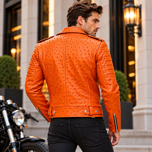 Men’s Ostrich Leather <b>Biker</b> <b>Jacket</b> Orange Embossed Motorcycle <b>Jacket</b> Asymmetrical Zip Belted Moto <b>Jacket</b>/Luxury Outerwear - Product Image 6