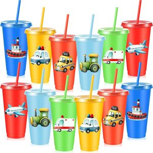 Juego de 12 Vasos de Viaje Reutilizables de Plástico de 24 oz con Temática de Transporte, Tapa y Pajita, Decoraciones para Fiestas de Cumpleaños - Product Image 1
