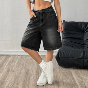 Shorts en jean d'été pour femme, taille mi-haute, longueur genou, coupe droite, jorts amples, jambe large, en coton respirant, style sportif, poches personnalisables - Product Image 3