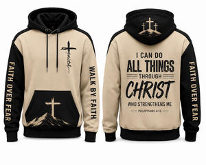 Sweat à capuche chrétien pour homme, beige et noir, 100% coton molletonné, écologique, avec poche, motif Faith Fear Walk <span class=keywords><strong>Philippians</strong></span> 4:13, décontracté - Product Image 4
