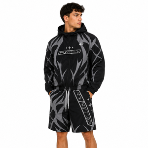 Trendy Black Custom <b>Gothic</b> Design Panel Windbreaker Polyester Nylon Tracksuit Men's Track Zip up <b>Jacket</b> and Shorts Set Hoodies - Product Image 1