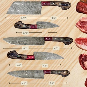 Ensemble de couteaux de chef à motif damas artisanal, 5 pièces, avec manches en bois et étuis en cuir - Product Image 3