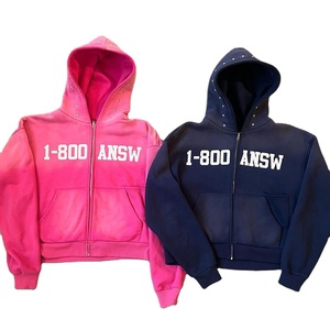 Sweat à capuche en coton de qualité supérieure sans cordon, imprimé à l'écran avec des strass, streetwear personnalisé pour homme, logo OEM, sweat à capuche zippé décontracté - Product Image 1