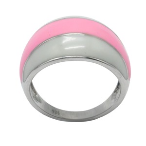 Luxury 925 Sterling Silver Rhodium Plated Three Stone Zircon Bezel Setting Pink White Enamel <b>Dome</b> <b>Ring</b> for Women Engagement - Product Image 1