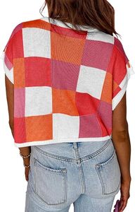 SAJZA Women's Casual Breathable Plaid Jacquard <b>Sleeveless</b> Short Crop <b>Tops</b> Summer Thin Color Block <b>Knit</b> Shirt Washable - Product Image 3