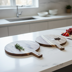 Planche à découper en bois ronde, bloc à découper pour le fromage avec poignée, fabriqué à la main au Vietnam - Product Image 1