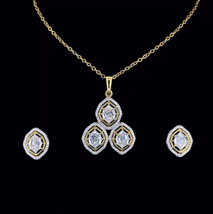 Elegant Hexagon Halo Lab Grown Diamond Necklace & Stud Earrings Set in Yellow Gold Bridal Fine Jewelry - Product Image 1