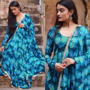 GEORGEET CON DISEÑO FLORAL VESTIDO DE DISEÑO DE ESTAMPADO CON DUPATTA MANGA COMPLETA COSTADA SKY - Product Image 1