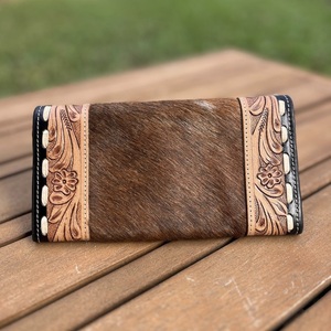 Western Tooled Hair-On Cowhide Leather Ladies <b>Wallet</b> | Handcrafted Floral Carved Long Clutch <b>Purse</b> - Product Image 3