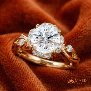 แหวนหมั้นทอง 14K/18K ทรงกลมประดับเพชรแบบ Halo พร้อมวงแหวนลายเถาวัลย์บิดเกลียวและเพชรรูปใบไม้ |   แหวนแต่งงานสไตล์ธรรมชาติสุดหรู - Product Image 2