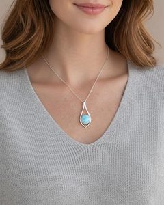 Larimar Round Open Frame Necklace 925 Sterling Silver Natural Blue Larimar Pendant Jewelry for Women Wholesale - Product Image 4