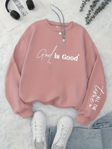 Sweat-shirt imprimé rose uni à épaules tombantes et col rond pour femme - Product Image 1