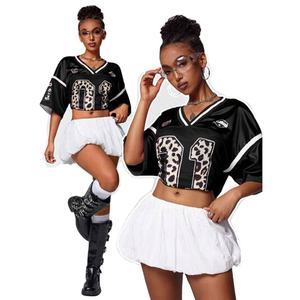 Camiseta de Fútbol Americano para Mujer, Diseño 2026, Personalizada con Número de Leopardo, Negra, Estilo Urbano, Talla Grande, Cuello en V, Transpirable - Product Image 1