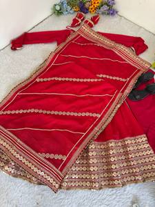 <b>Red</b> Embroidered Anarkali <b>Lehenga</b> Set Long Sleeve Dupatta Traditional Dress for Wedding Party Women - Product Image 6