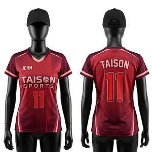 เสื้อวอลเลย์บอลหญิง 190 GSM ผ้าโพลีเอสเตอร์ซับเหงื่อ สีแดงเลือดหมู แต่งสีชมพูแบบตัดต่อ  รับสั่งทำแบบ Sublimation - Product Image 1