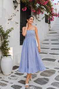 Women Bohemian Yellow Striped Strapless Summer Sundress Shoulder Smocked Midi Casual Beach <b>Ruffle</b> Holiday 100% Cotton A-Line - Product Image 1