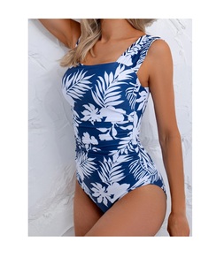 Traje de Baño Retro de Una Pieza para Mujer, Cuello Cuadrado, Estampado por Sublimación, Fruncido, Cobertura Completa, Estilo Modesto - Product Image 1