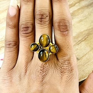 Latest Design Boho Floral Gemstone <b>Ring</b> Tribal Brass <b>Rings</b> Women 18k Gold Plated Cluster <b>Tiger</b> <b>Eye</b> Jewelry for Wholesale/OEM/ODM - Product Image 5