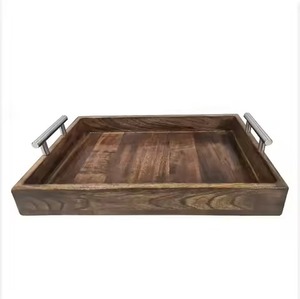 High On Trend Round Wooden Serving Tray with <b>Black</b> Metal Handles Durable Solid Wood <b>Plate</b> Type for Food Serving Use Tray - Product Image 4