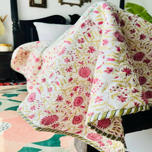 Reversible Hand Block Printed Cotton Quilt Multicolor Floral with Pink Striped Border Modern & Quirky <b>Comforter</b> Print Quilt <b>Set</b> - Product Image 1