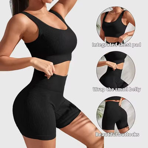 Wholesale Fitness <b>Set</b> for Women Solid Color <b>Knit</b> 2 Piece Workout Outfit Crop Tank High Waist Shorts Yoga Running - Product Image 1