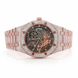 Montre automatique squelette entièrement sertie de moissanite or rose pour homme, luxe, acier inoxydable, aspect diamant, style hip-hop - Product Image 1