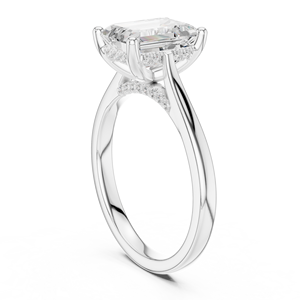Bague de fiançailles et de mariage solitaire en or avec halo taille émeraude, pierres latérales rondes accentuées, pour femme, monture à griffes - Product Image 3
