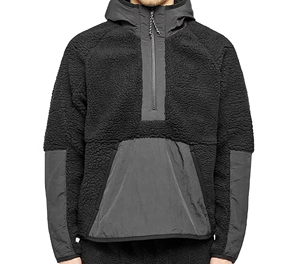 Men's Black <b>Fleece</b> Hooded Quarter-Zip <b>Jacket</b> <b>With</b> Windproof Panels And Sherpa <b>Lining</b> Winter Casual Wear - Product Image 1