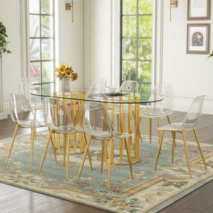 Tavolo da Pranzo Ovale di Lusso in Vetro Temperato da 71 Pollici con Doppia Colonna Dorata e 8 Sedie Trasparenti - Elegante Set per Sala da Pranzo - Product Image 3