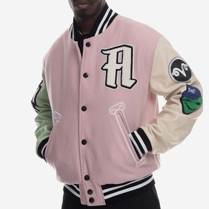 Pink Varsity Jacket <b>Men</b> Streetwear Embroidered Letter A Patch Design Regular Fit Turn-down Collar Polyester Cotton Autumn Wear - Product Image 5