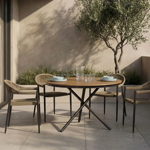 Modern Minimalist Outdoor <b>Dining</b> Set with <b>Round</b> Wood <b>Table</b> and Four <b>Dining</b> Chairs for Restaurant Use - Product Image 2