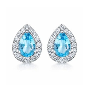 ต่างหูเงินแท้ 925 ชุบโรเดียม ประดับบลูโทแพซทรงลูกแพร์ ล้อมเพชร CZ แบบหนามเตย ดีไซน์ทันสมัย โรแมนติกสำหรับผู้หญิง จาก Rhaya Jewels - Product Image 1