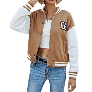 Chaqueta Universitaria Marrón para Mujer, Estilo Casual con Botones, Chaqueta Deportiva de Béisbol, Corte Regular, para Otoño - Product Image 1