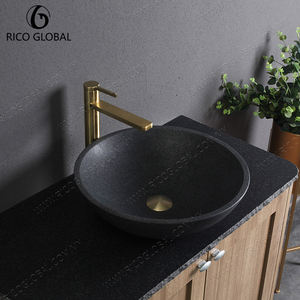 Meuble-lavabo moderne en bois RICO GLOBAL avec vasque en pierre, lavabo rond, armoire sur pied, miroir inclus, design contemporain - Product Image 5