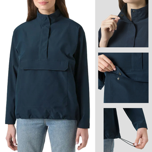 Veste de course à capuche bleu marine pour femme, coupe-vent, respirante, manches longues, poches plaquées, légère, en polyester/nylon tricoté, printemps - Product Image 1