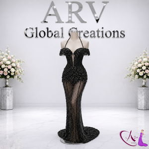 Vestido de noche negro con cuentas estilo sirena para mujer |   Vestido de fiesta largo hecho a mano con malla en el hombro |   Vestido de Diseñador con Cuello Halter para Ocasiones Formales - Product Image 3