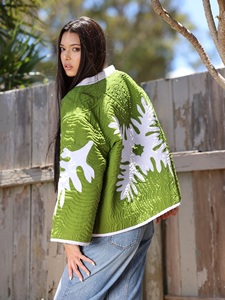 Handcrafted Premium Quality Cotton Green Color <b>White</b> Leaf Patch Work Open Front Sleeve Outwear Comfortable For Women's Wear - Product Image 3