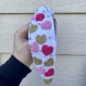 Serre-tête de luxe blanc noué avec broderie de perles en forme de cœur or et rose, style turban pour femme, accessoire de cheveux pour soirée - Product Image 1