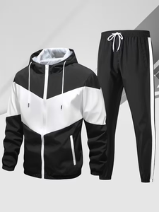 Men's Solid Color Blocking Printed Breathable 340g Hoodie Jogger <b>Set</b> Casual Winter Wear Knitted Polyester Cotton Sweatshirt - Product Image 5